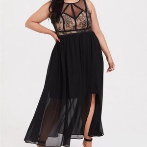Torrid Black Tan Lace Chiffon Maxi Dress Event Party Wedding Guest Evening